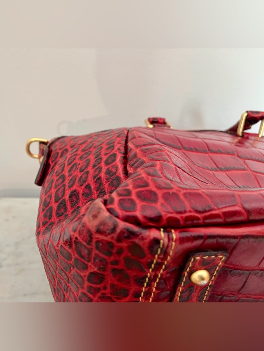 Dooney & Bourke Red Croc-Embossed Satchel with Gold Hardware - Picture 13 of 14
